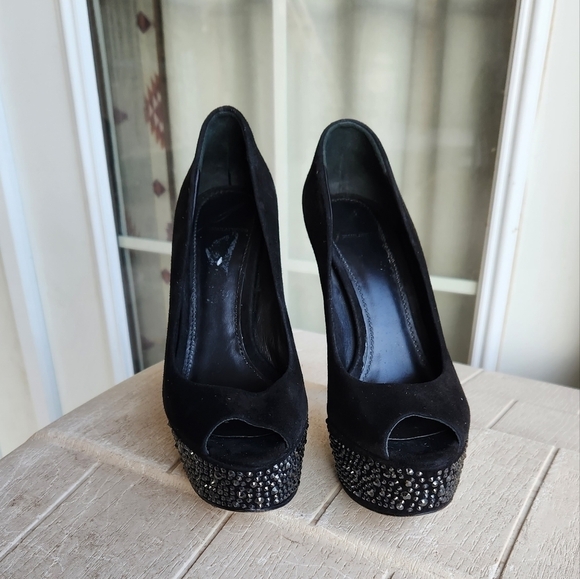B Brian Atwood Black Suede Bea Crystal Studded Platform Pumps - Picture 4 of 9